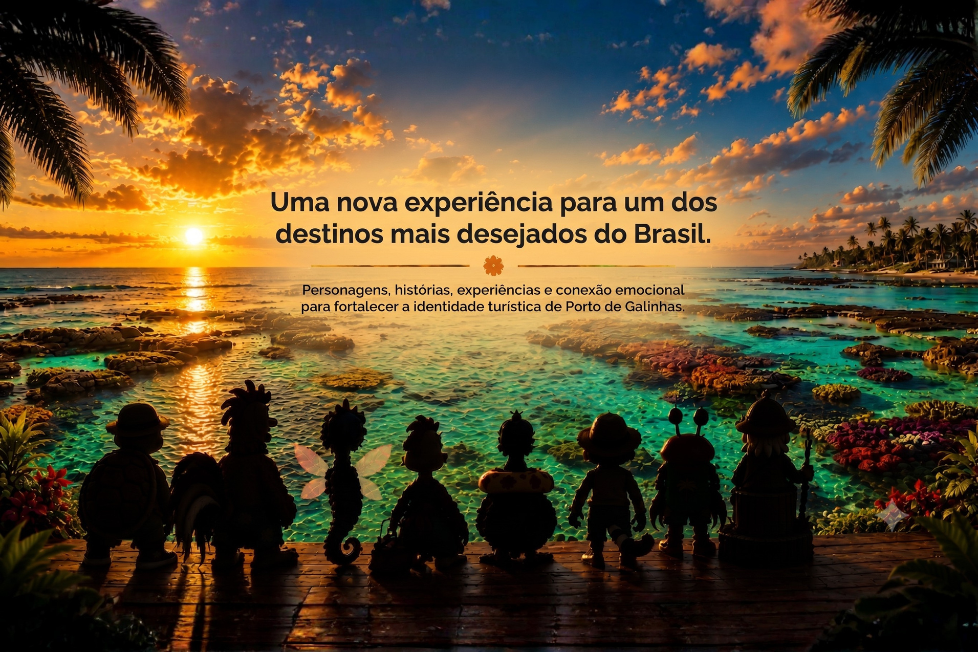 Os personagens do Mundo Encantado vistos de costas, contemplando as piscinas naturais de Porto de Galinhas ao pôr do sol
